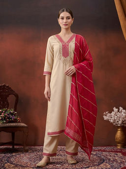 KVS FAB - Cream Embroidered Rayon Kurta and Pant with Dupatta