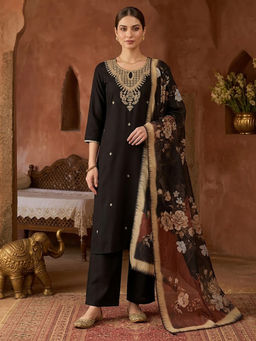 KVS FAB - Black Embroidered Rayon Kurta and Pant with Dupatta