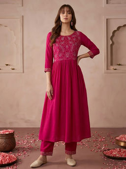 KVS FAB - Pink Floral Silk Blend Kurta and Pant