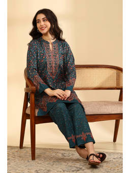 Rangriti - Teal Floral Acrylic Kurta and Pant
