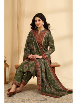 Rangriti - Green Floral Polyester Kurta and Pant with Dupatta