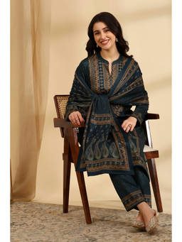 Rangriti - Teal Printed Polyester Kurta and Pant with Dupatta