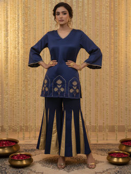 Zolo Label - Navy Blue Floral Cotton Tunic and Palazzo