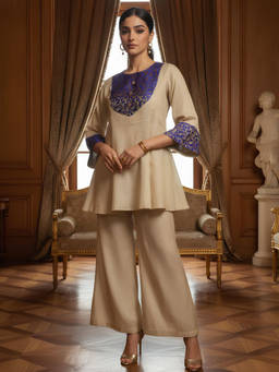 Zolo Label - Beige Solid Cotton Tunic and Pant