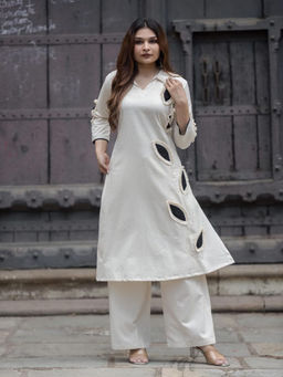 Zolo Label - Cream Self Design Cotton Kurta and Pant