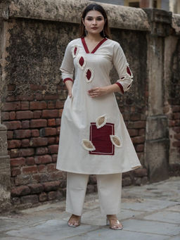 Zolo Label - Cream Self Design Cotton Kurta and Pant