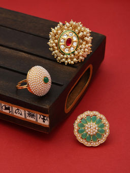 Zaveri Pearls - Set of 3 Multicolor Traditional Kundan Adjustable Finger Rings-ZPFK12770