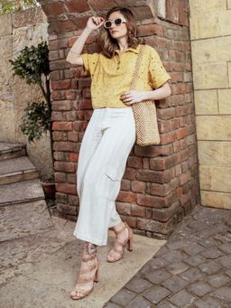 Taurus - Ivory Self- Design Linen Culottes For Women