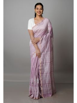 Unnati Silks - Pale Pink Pure Block Printed Chanderi Sico Saree with Unstitched Blouse