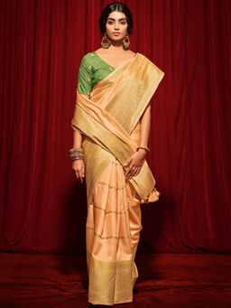 Akhilam - Womens Silk Blend Peach Woven Design Designer Saree with Unstitched Blouse