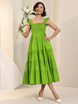 Libas - Green Solid Smocked Fit and Flared Midi Dress