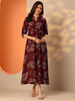 Libas - Maroon Floral Printed Fit and Flared Dress