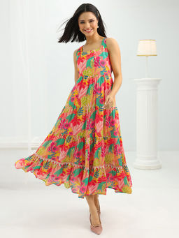 Libas - Multicolor Floral Printed Layered Fit and Flared Dress