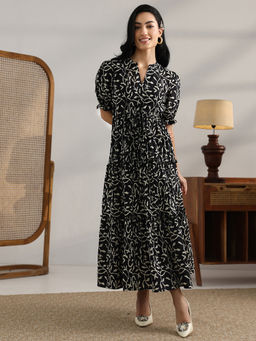 Libas - Black Printed Fit and Flared Dress and Waistbelt
