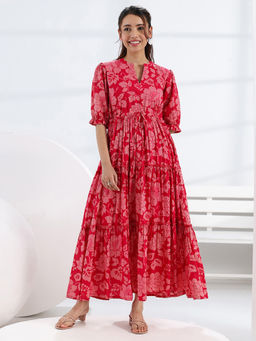 Libas - Pink Floral Printed Fit and Flared Dress with Lining