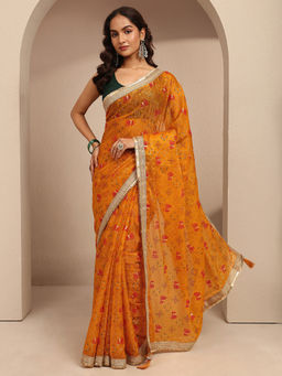 Libas - Mustard Tribal Printed Saree With Zari Border With Unstitched Blouse