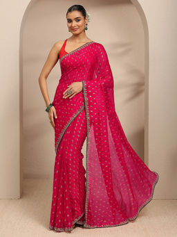 Libas - Magenta Floral Motif Printed Saree With Border With Unstitched Blouse
