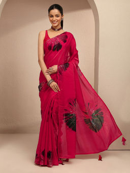 Libas - Red Geometric Sequinned Embellished Saree With Unstitched Blouse