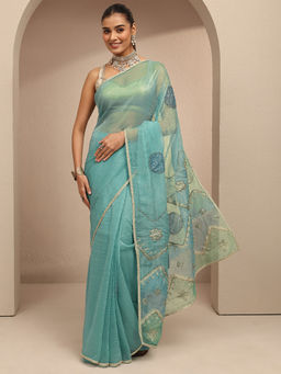Libas - Blue Ethnic Motif Beads Embellished Saree With Unstitched Blouse