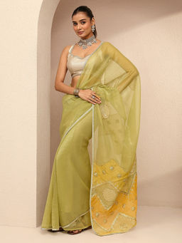 Libas - Green Ethnic Motif Beads Embellished Saree With Unstitched Blouse