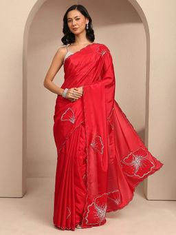 Libas - Red Floral Patchwork Beads Embellished Saree With Unstitched Blouse