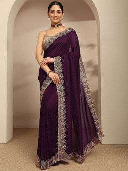Libas - Burgundy Beads Embellished Saree With Zari Border And Unstitched Blouse