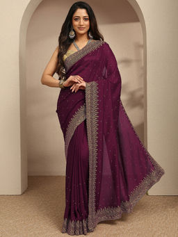 Libas - Wine Beads Embroidered Saree With Zari Unstitched Blouse