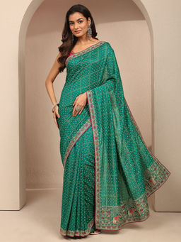 Libas - Green Bandhani Printed Saree With Unstitched Blouse
