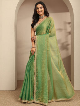 Libas - Green Silk Blend Zari Handloom Saree With Unstitched Blouse