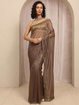 Libas - Brown Net Plain Solid Saree With Unstitched Blouse