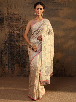 Libas - Beige Silk Blend Embroidered Handloom Saree With Unstitched Blouse