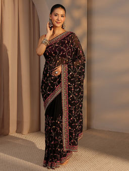 Libas - Black Net Embroidered Saree With Unstitched Blouse