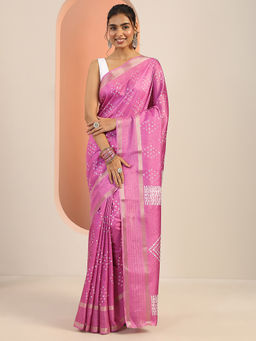 Libas - Pink Silk Blend Bandhani Printed Saree With Unstitched Blouse