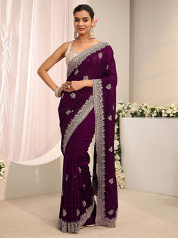 Libas - Burgundy Silk Blend Embroidered Embellished Saree With Unstitched Blouse
