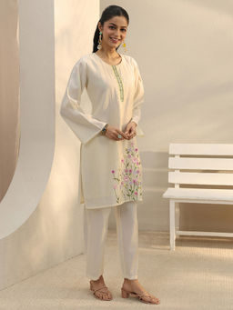 Libas - Off White Floral Embroidered Straight Kurta With Solid Pant