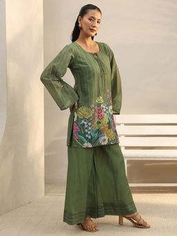 Libas - Green Floral Printed Straight Kurta With Printed Wide Leg Palazzo