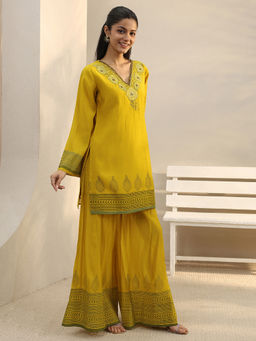 Libas - Yellow Floral Embroidered Straight Kurta With Printed Wide Leg Palazzo