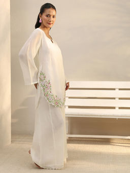 Libas - White Floral Embroidered Straight Tunic With Solid Wide Leg Palazzo