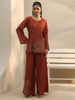 Libas - Rust Floral Embroidered Straight Kurta With Embroidered Hem Wide Leg Palazzo