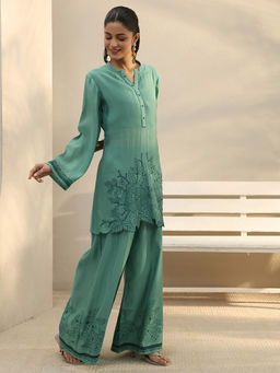 Libas - Green Floral Embroidered Straight Kurta With Printed Wide Leg Palazzo