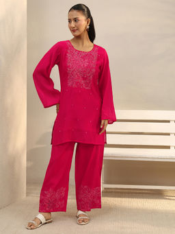 Libas - Pink Floral Embroidered Straight Kurta With Solid Wide Leg Palazzo