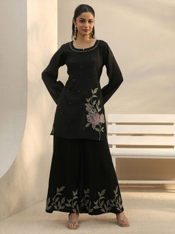 Libas - Black Floral Embroidered Straight Kurta With Solid Wide Leg Palazzo
