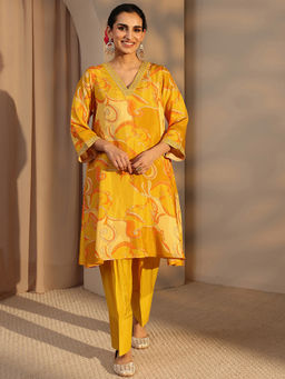 Libas - Mustard Floral Printed A-Line Kurta With Solid Farshi Salwar