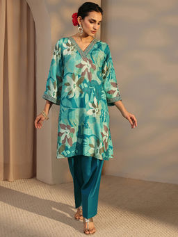 Libas - Blue Floral Printed A-Line Kurta With Solid Farshi Salwar