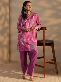 Libas - Pink Floral Printed A-Line Kurta With Solid Farshi Salwar