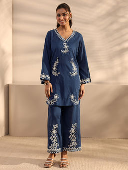Libas - Blue Floral Thread Work Embroidered Straight Kurta With Pant