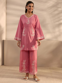 Libas - Pink Floral Thread Work Embroidered Straight Kurta With Pant