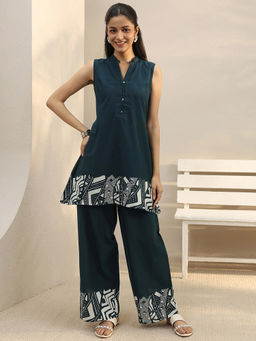 Libas - Green Abstract Printed A-Line Tunic With Printed Wide Leg Palazzo