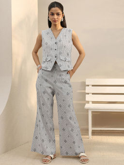 Libas - Grey Checked Woven Design Panelled Woven Co-Ord Set