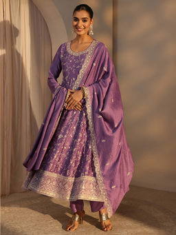 Libas - Lavender Floral Embroidered Anarkali Kurta With Pant & Dupatta